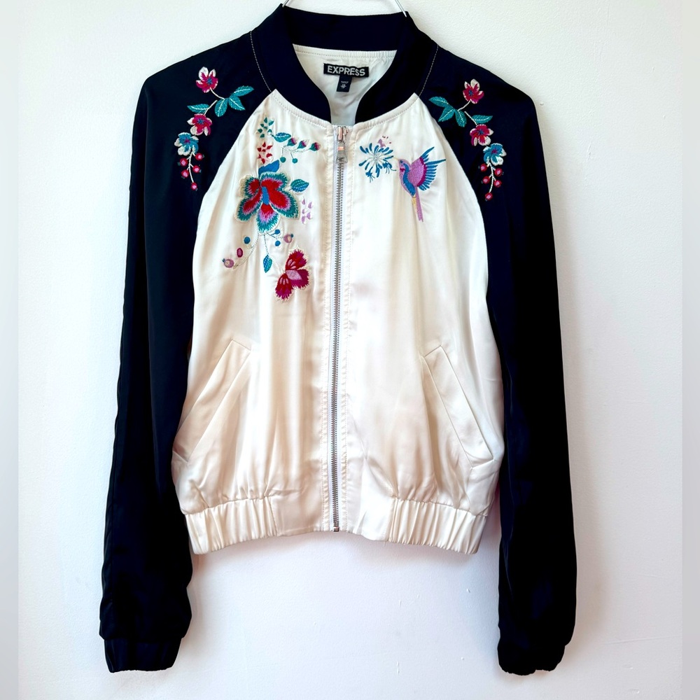 Express Women's Black and White Floral Bomber Jacket